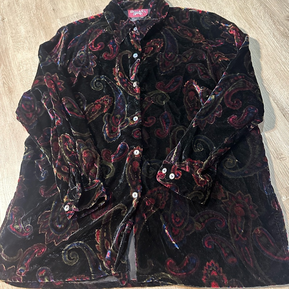 SOLD Y2K Denim&Co Black and Red Paisley Velvet Womens Shirt Size L - Picture 1 of 2